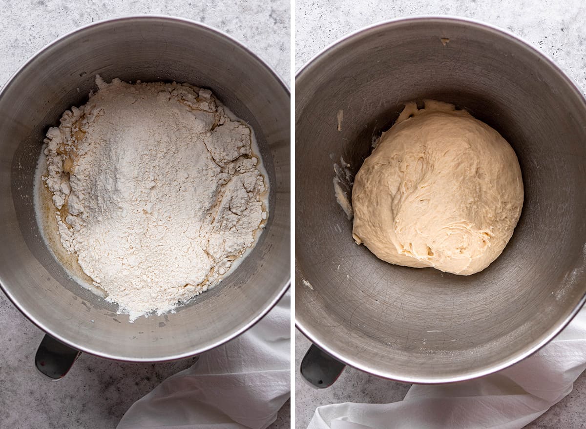 two overhead photos showing how to make this soft pretzel recipe adding the try ingredients and forming a ball