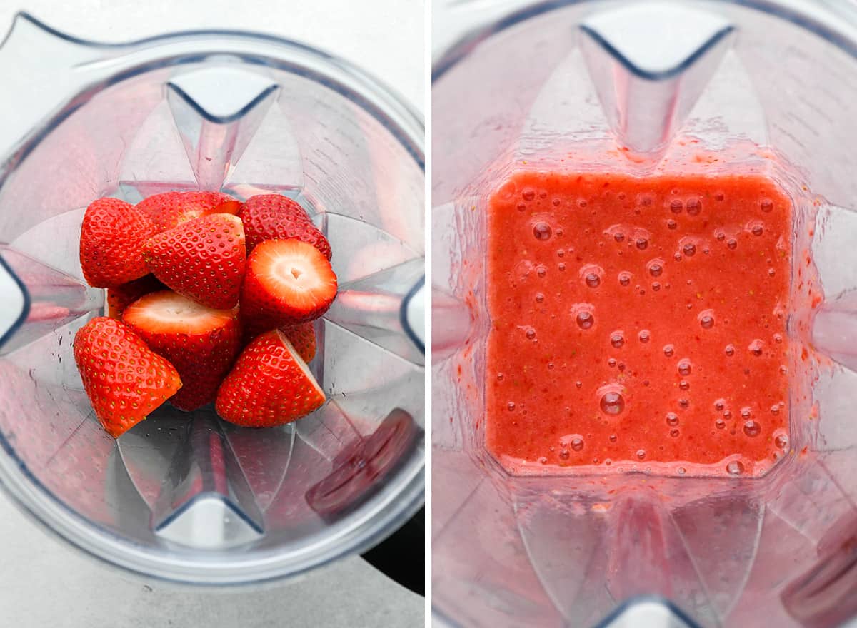 two photos showing How to Make Strawberry Ice Cream - blending the strawberries