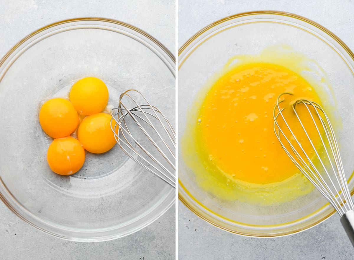 two photos showing How to Make Strawberry Ice Cream - whisking egg yolks in a bowl