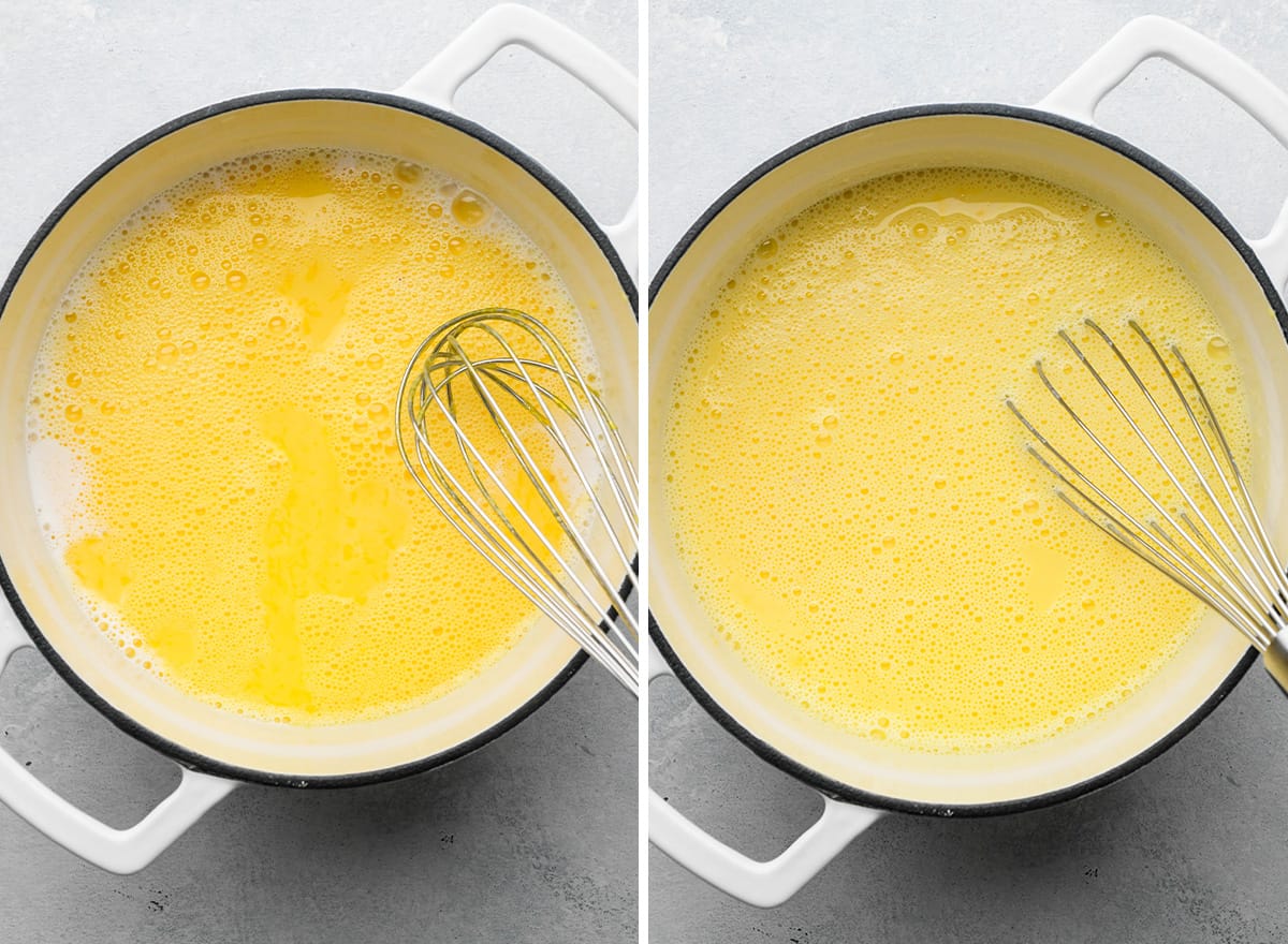 two photos showing How to Make Strawberry Ice Cream - putting egg mixture back into the saucepan