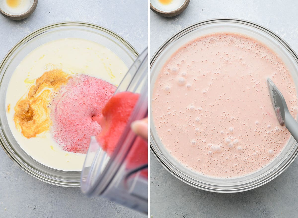 two photos showing How to Make Strawberry Ice Cream - combining ingredients