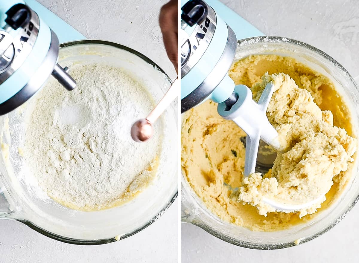 The Best Cut Out Sugar Cookie Recipe! They are soft, chewy and don't spread! Plus an easy sugar cookie frosting that tastes great and hardens with a beautiful shine that's perfect for decorating! Making these easy decorated sugar cookies has been our family's holiday baking tradition for 30 years! #sugarcookies #cutoutsugarcookies #christmascookies #christmas #baking #cutoutcookies #sugarcookiefrosting #recipe two overhead photos showing how to make sugar cookies - The left shows the dry ingredients being added. the right photo shows the final Cut Out Sugar Cookie dough