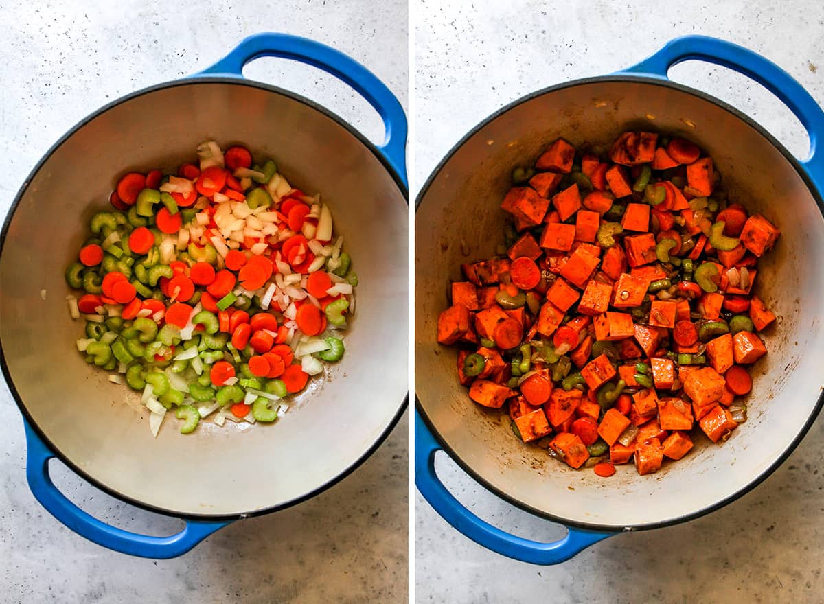 two photos showing How to Make Sweet Potato Soup - cooking the vegetables