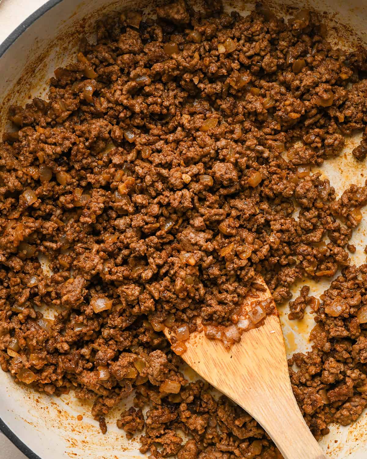 cooked ground beef taco meat in a pan
