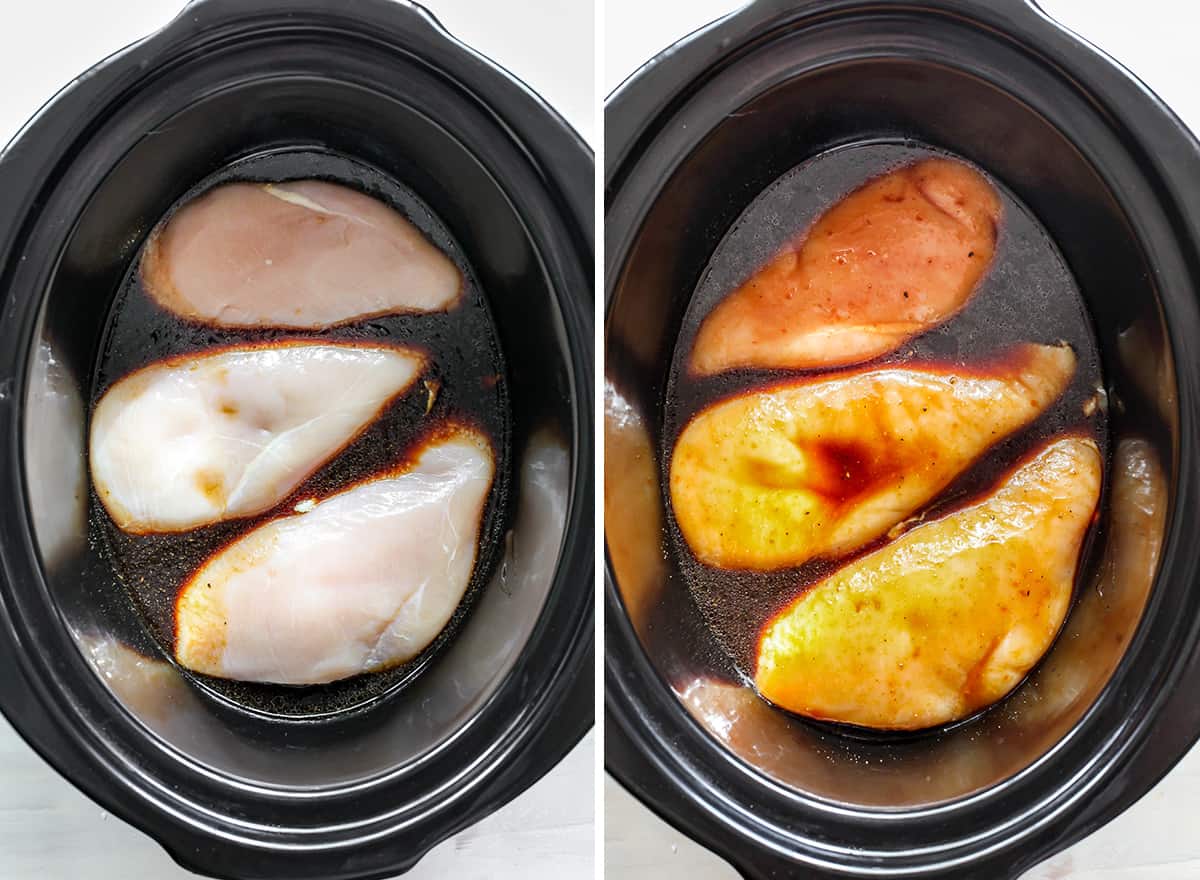 This Crockpot Teriyaki Chicken recipe is an easy recipe perfect for busy weeknights! It only takes 5 minutes to mix together, and then put it in the slow cooker to let it cook. Serve with stir-fried veggies and rice and you have a delicious and healthy meal the whole family will love! two photos showing how to make teriyaki chicken