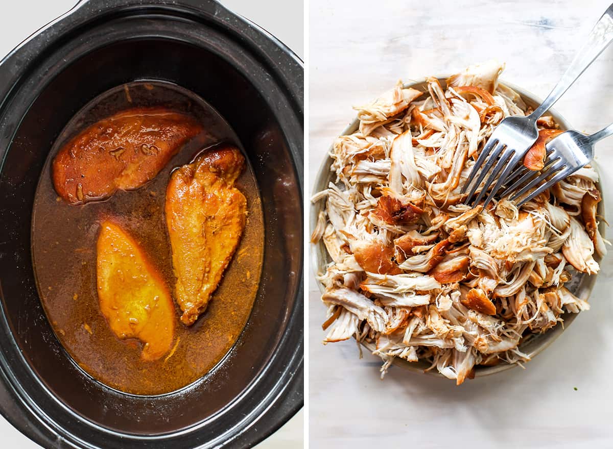 This Crockpot Teriyaki Chicken recipe is an easy recipe perfect for busy weeknights! It only takes 5 minutes to mix together, and then put it in the slow cooker to let it cook. Serve with stir-fried veggies and rice and you have a delicious and healthy meal the whole family will love! two photos showing how to make teriyaki chicken