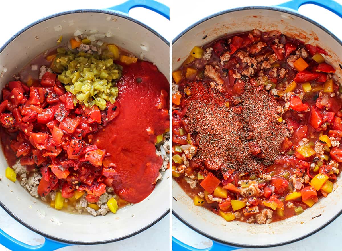 This Healthy Turkey Chili recipe is easy to make in 30 minutes on the stovetop. Turkey chili is loaded with protein and veggies and bursting with flavor thanks to a homemade spice mixture. A nutritious and cozy fall meal. two overhead photos showing How to Make Turkey Chili