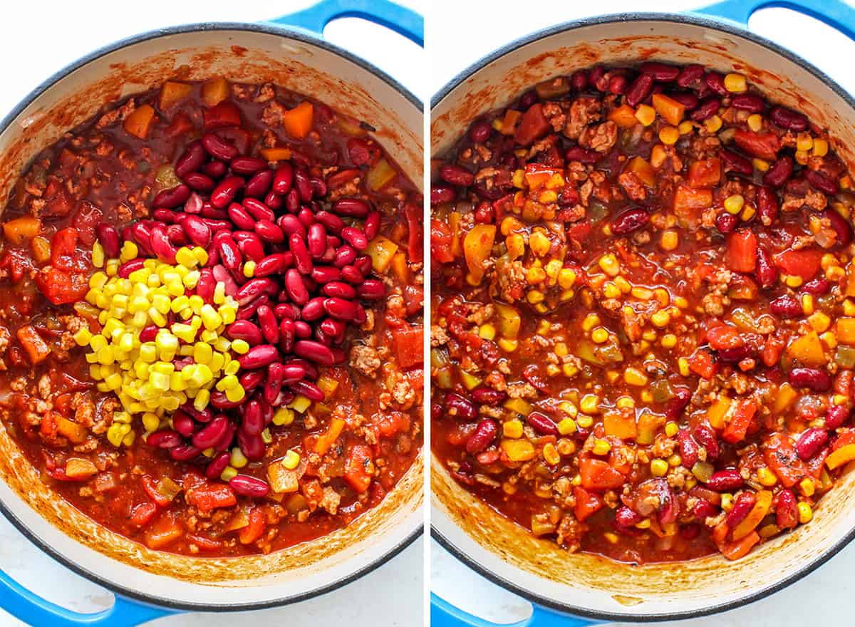 This Healthy Turkey Chili recipe is easy to make in 30 minutes on the stovetop. Turkey chili is loaded with protein and veggies and bursting with flavor thanks to a homemade spice mixture. A nutritious and cozy fall meal. two overhead photos showing How to Make Turkey Chili