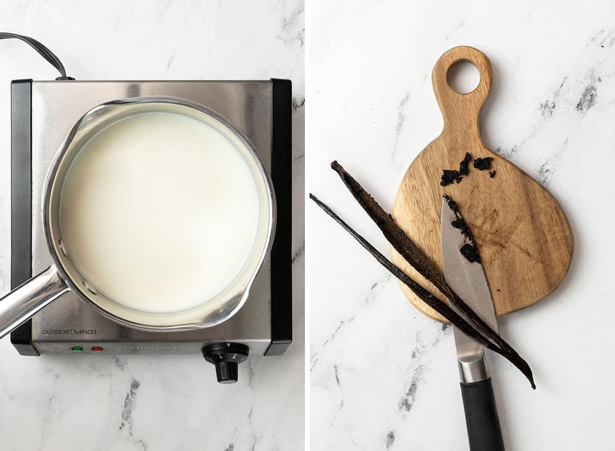 This homemade vanilla ice cream recipe is rich and creamy with a deep vanilla flavor. Watch the video and follow our step-by-step instructions to learn how to make this 5-ingredient vanilla bean ice cream recipe! two overhead photos showing how to make vanilla ice cream