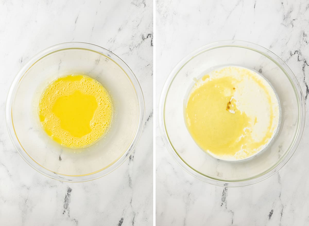 This homemade vanilla ice cream recipe is rich and creamy with a deep vanilla flavor. Watch the video and follow our step-by-step instructions to learn how to make this 5-ingredient vanilla bean ice cream recipe! two overhead photos showing how to make vanilla ice cream