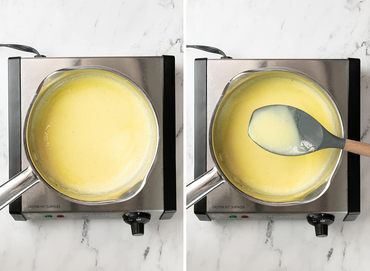 This homemade vanilla ice cream recipe is rich and creamy with a deep vanilla flavor. Watch the video and follow our step-by-step instructions to learn how to make this 5-ingredient vanilla bean ice cream recipe! two overhead photos showing how to make vanilla ice cream