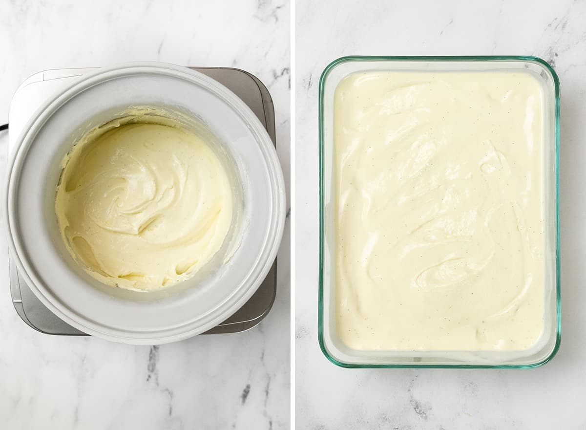 This homemade vanilla ice cream recipe is rich and creamy with a deep vanilla flavor. Watch the video and follow our step-by-step instructions to learn how to make this 5-ingredient vanilla bean ice cream recipe! two overhead photos showing how to make vanilla ice cream