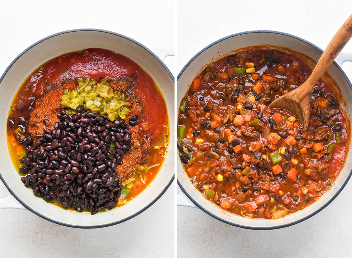 two photos showing How to Make Vegetarian Chili - adding tomato sauce, tomatoes, chilies, beans and spices.