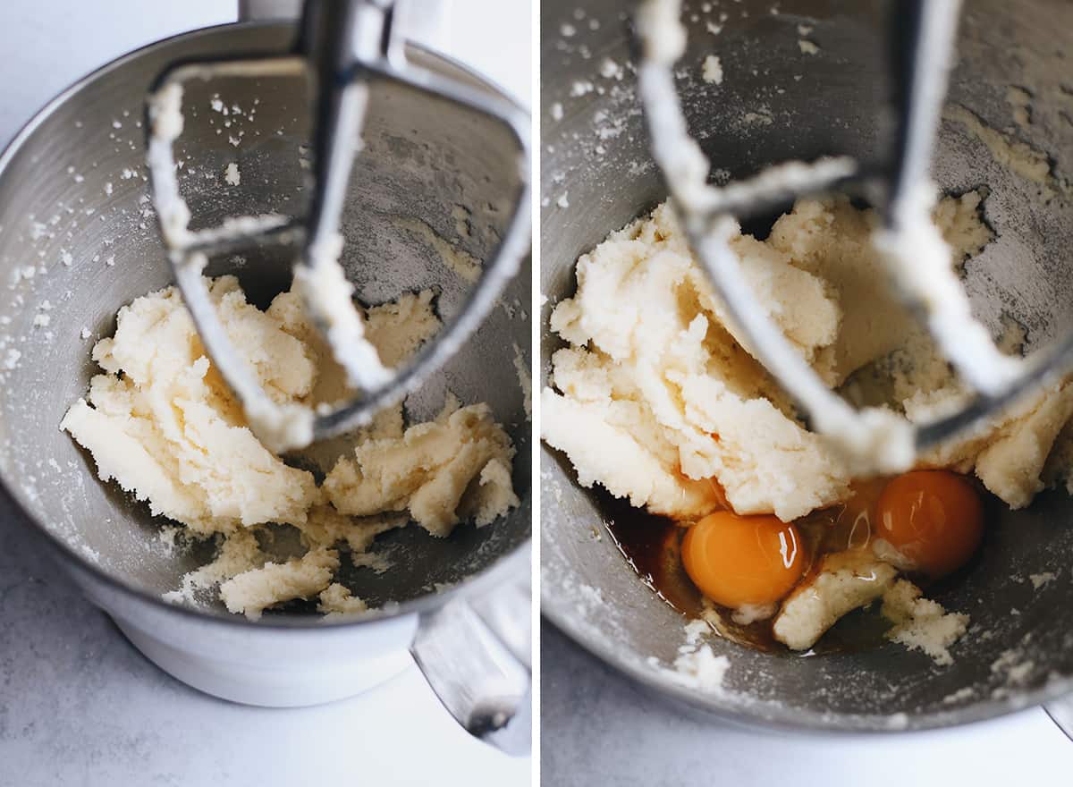 two photos showing How to Make Yellow Cake From Scratch, creaming butter & sugar and adding eggs & vanilla
