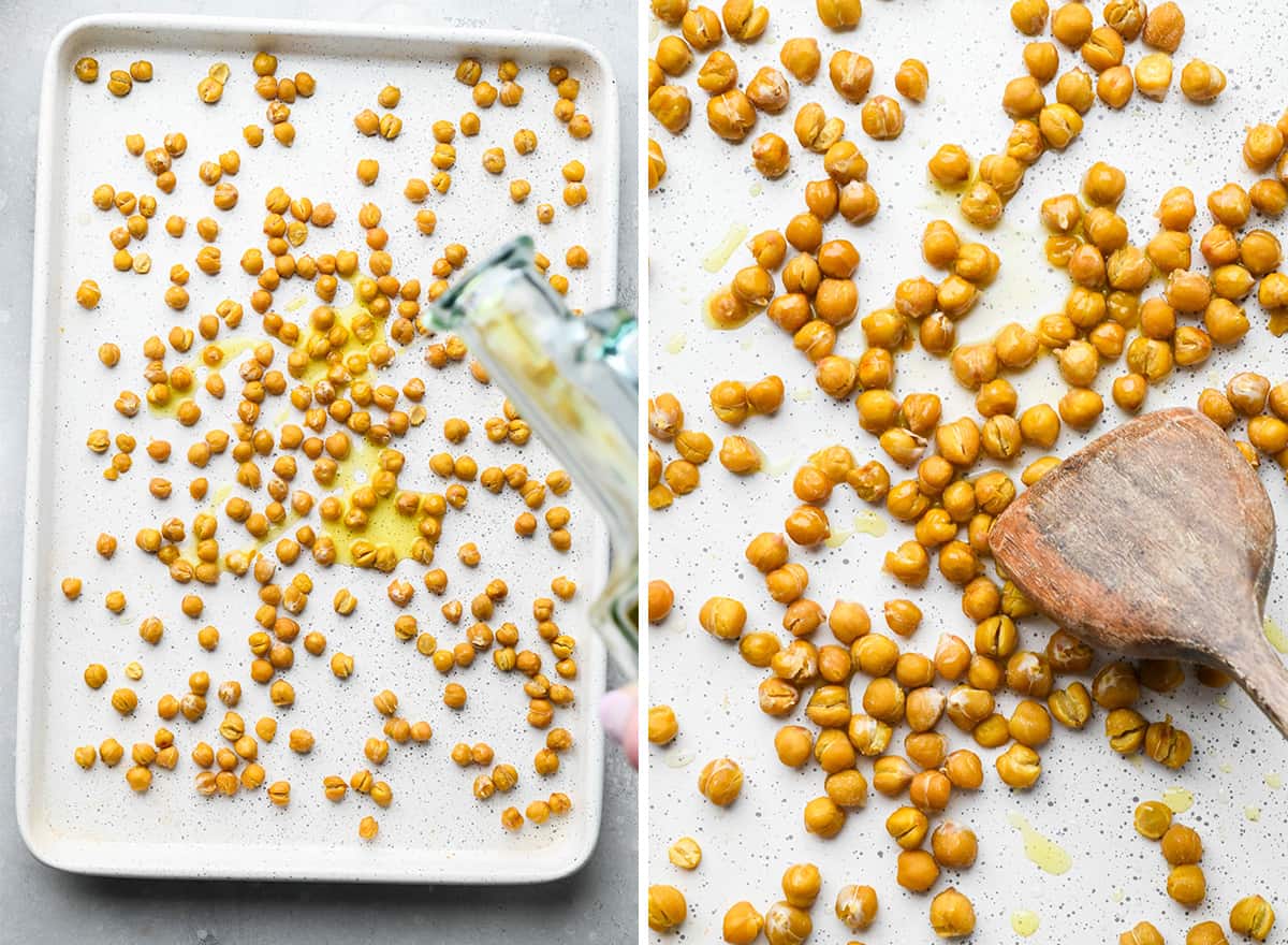 two photos showing How to Roast Chickpeas - adding olive oil