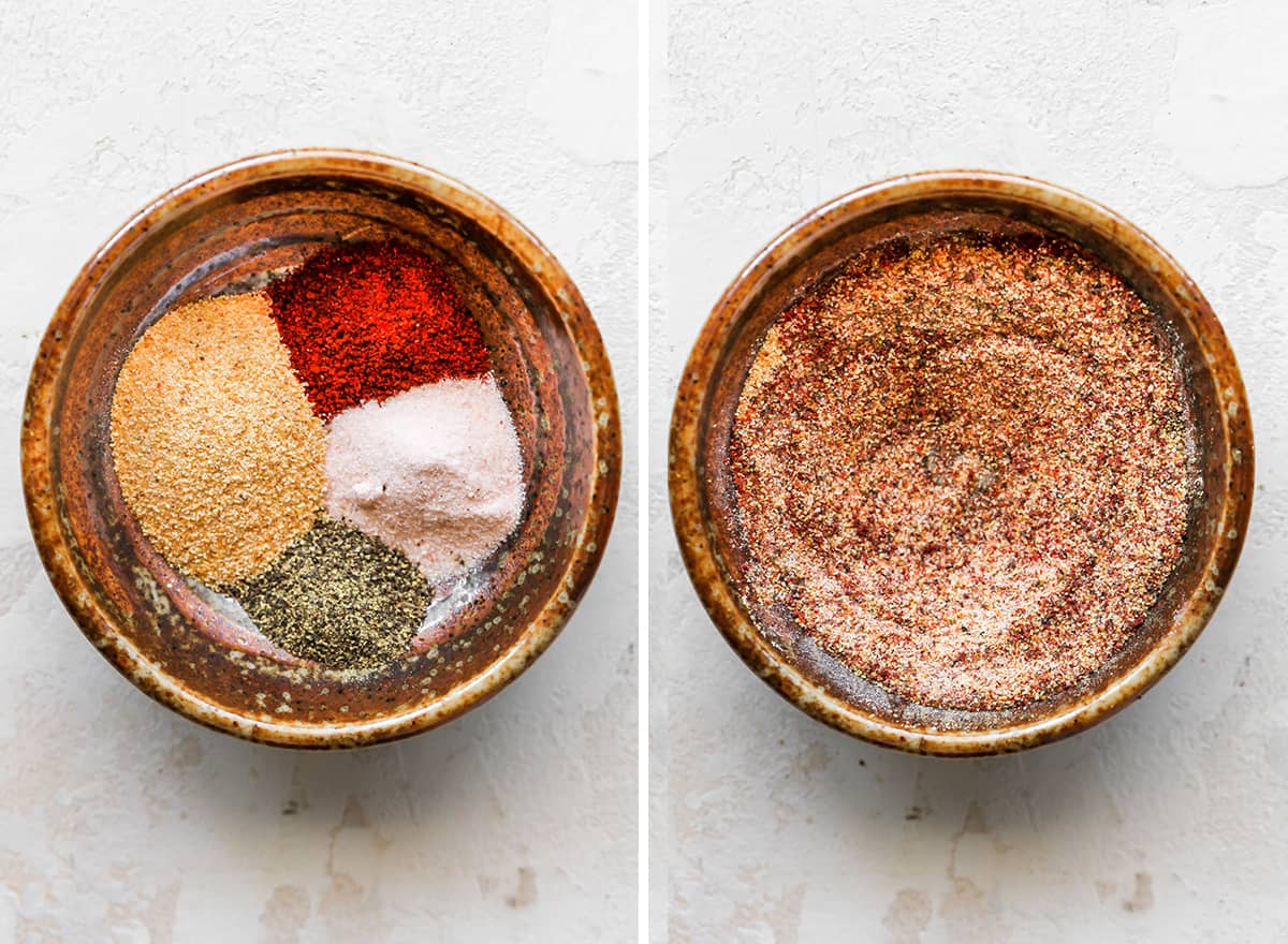 The best oven roasted vegetables recipe! Your favorite veggies are tossed in olive oil and a delicious spice mixture and are roasted until they are perfectly tender and slightly crispy. Baked vegetables are easy to make and a great way to meal prep vegetables for the week. two overhead photos showing How to Roast Vegetables