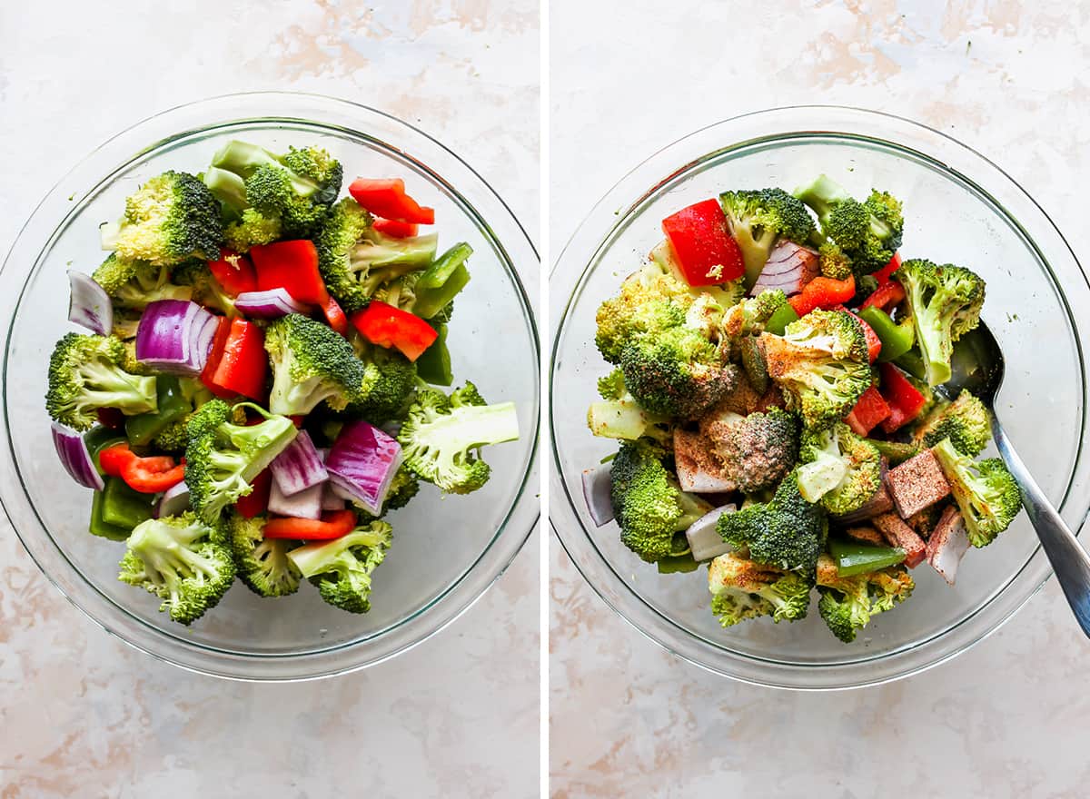 The best oven roasted vegetables recipe! Your favorite veggies are tossed in olive oil and a delicious spice mixture and are roasted until they are perfectly tender and slightly crispy. Baked vegetables are easy to make and a great way to meal prep vegetables for the week. two overhead photos showing How to Roast Vegetables