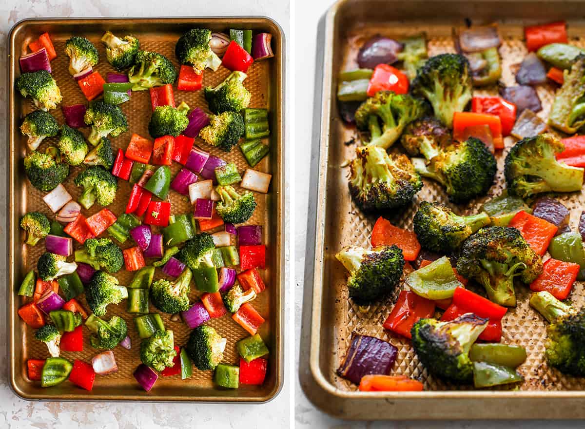 The best oven roasted vegetables recipe! Your favorite veggies are tossed in olive oil and a delicious spice mixture and are roasted until they are perfectly tender and slightly crispy. Baked vegetables are easy to make and a great way to meal prep vegetables for the week. two overhead photos showing How to Roast Vegetables