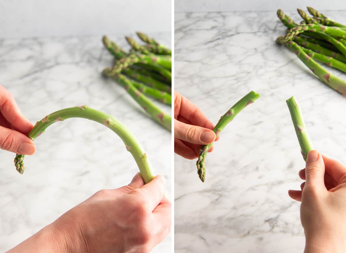two photos showing How to Trim Asparagus - bending the asparagus stalk and it broken in half