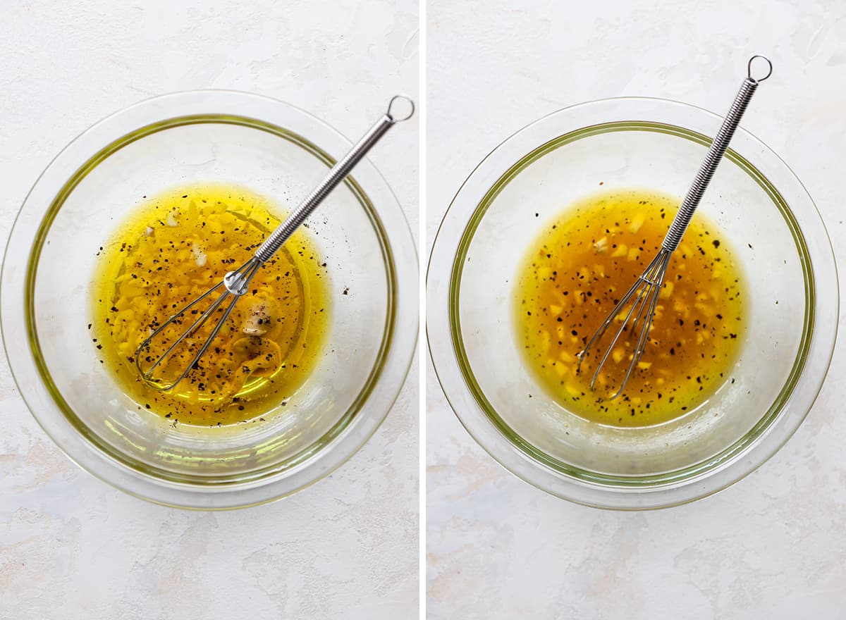 This kale salad recipe is loaded with colorful vegetables, sweet cranberries, crunchy pecans, creamy cheddar cheese and the best homemade dressing ever! It’s a hearty salad that holds up well and will impress even kale skeptics. two overhead photos showing how to make kale salad