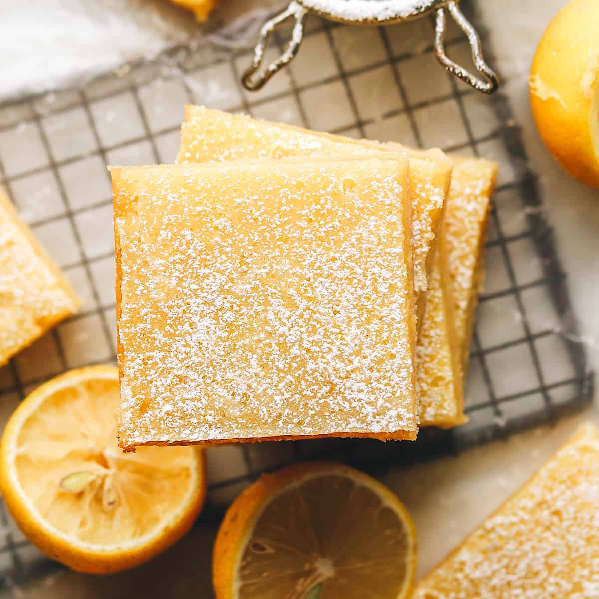overhead photo of a stack of lemon bars