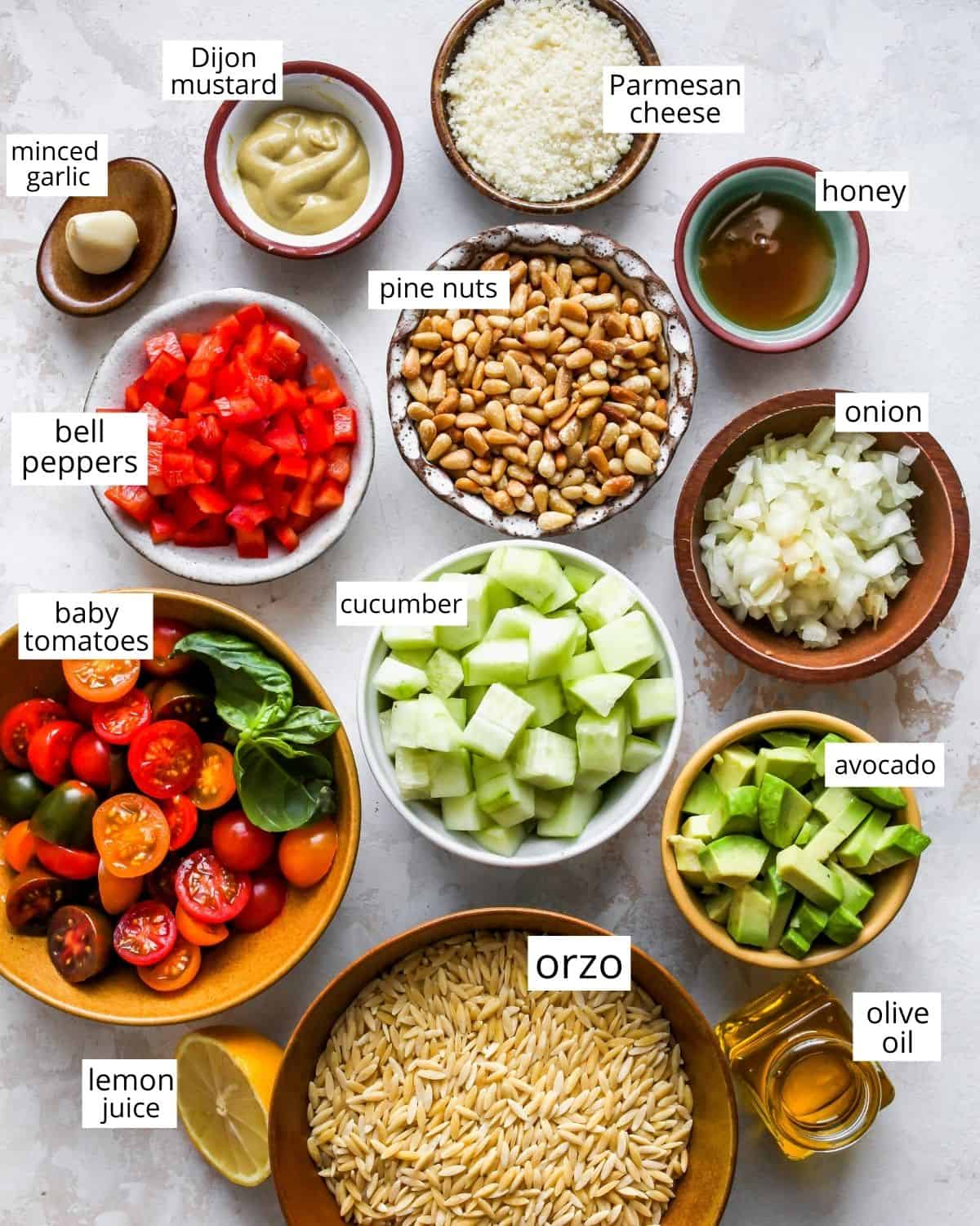 photo of the ingredients in this Lemon Orzo Salad recipe