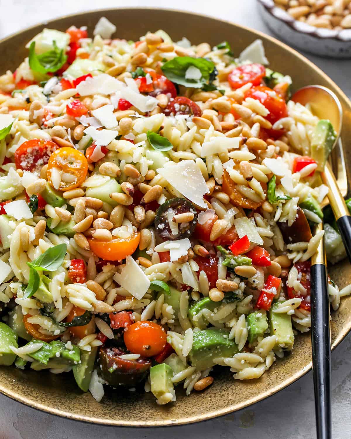 front view of Lemon Orzo Salad in a serving bowl