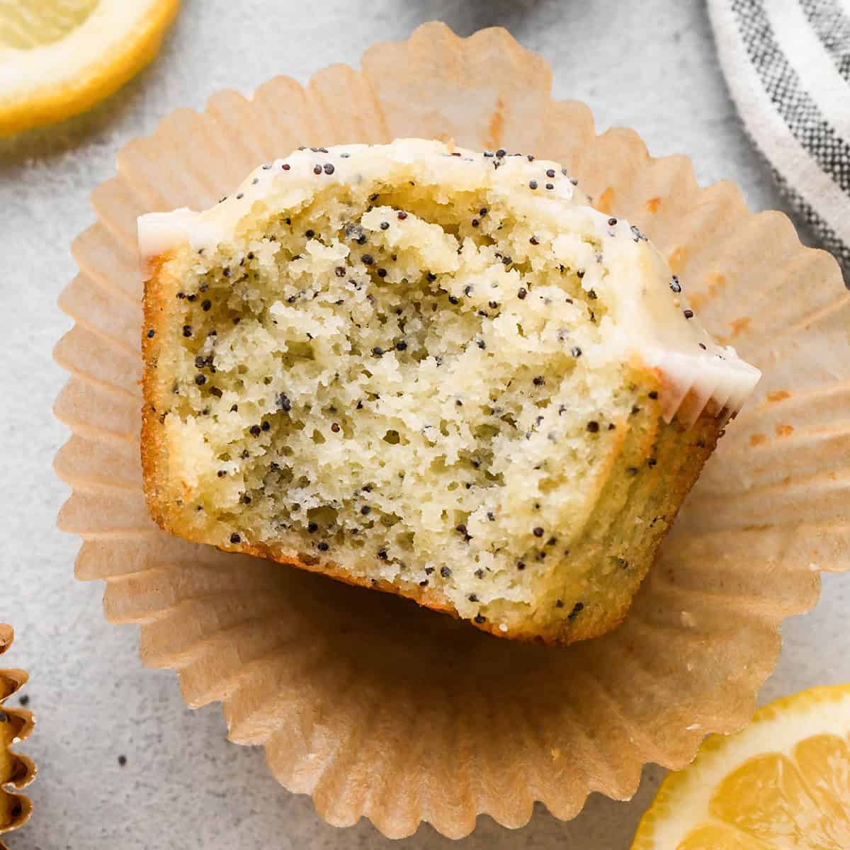 a Lemon Poppy Seed Muffin with a bite taken out of it