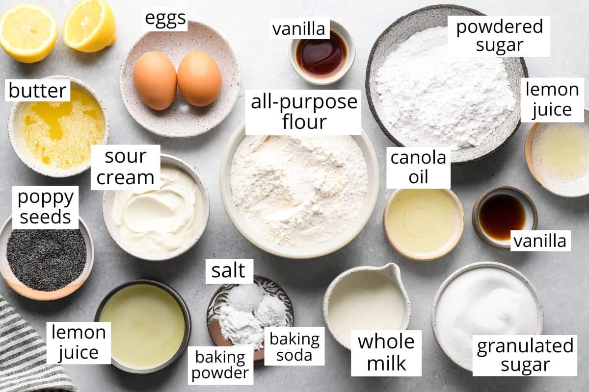overhead photo of the labeled ingredients in this Lemon Poppy Seed Muffins recipe