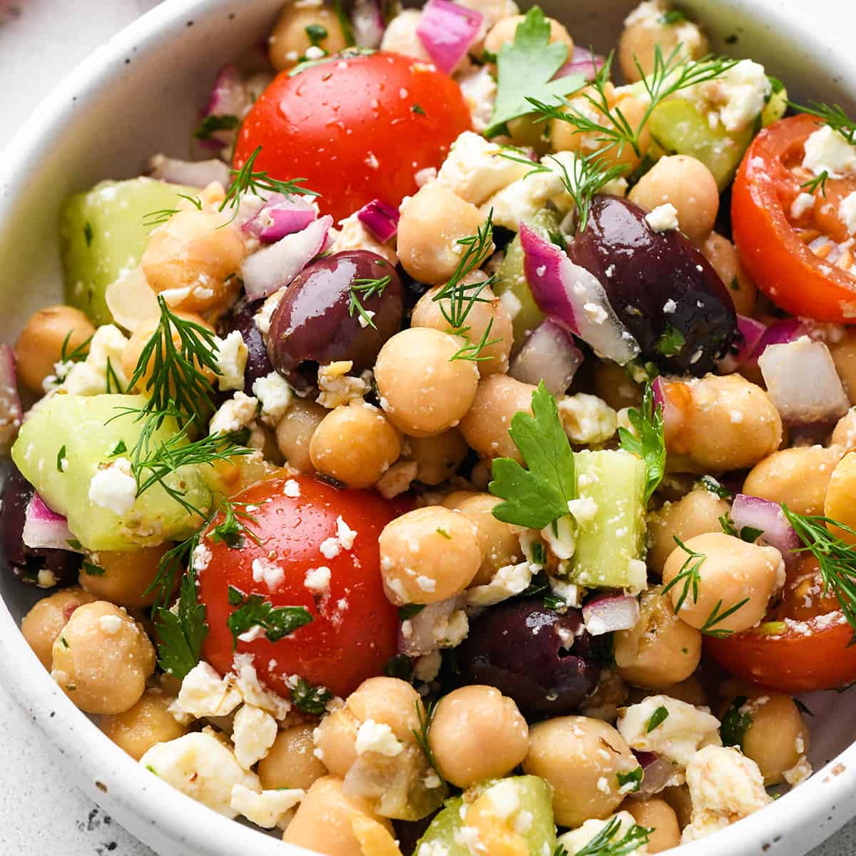 Mediterranean Chickpea Salad in a bowl