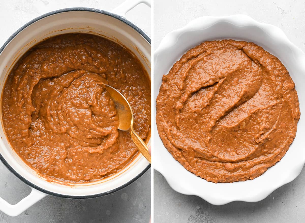 two photos showing spreading refried beans into a pie dish to make this Mexican 7 Layer Dip Recipe
