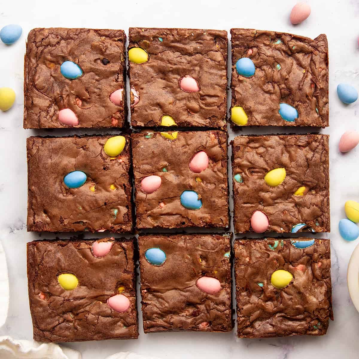 9 mini egg brownies cut into squares