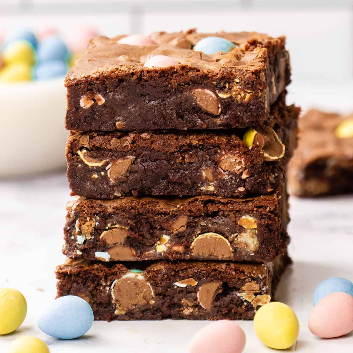 a stack of 4 mini egg brownies