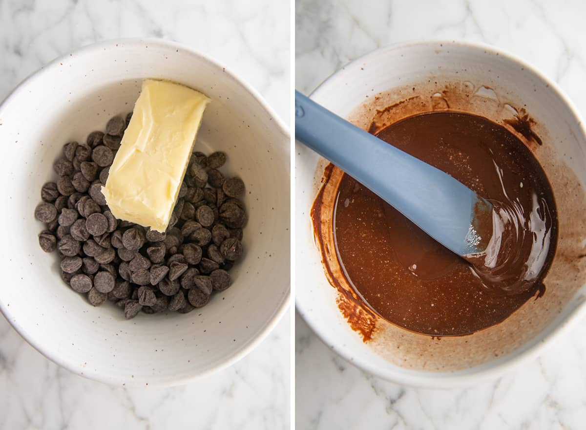 two photos showing How to Make Mini Egg Brownies - melting chocolate and butter