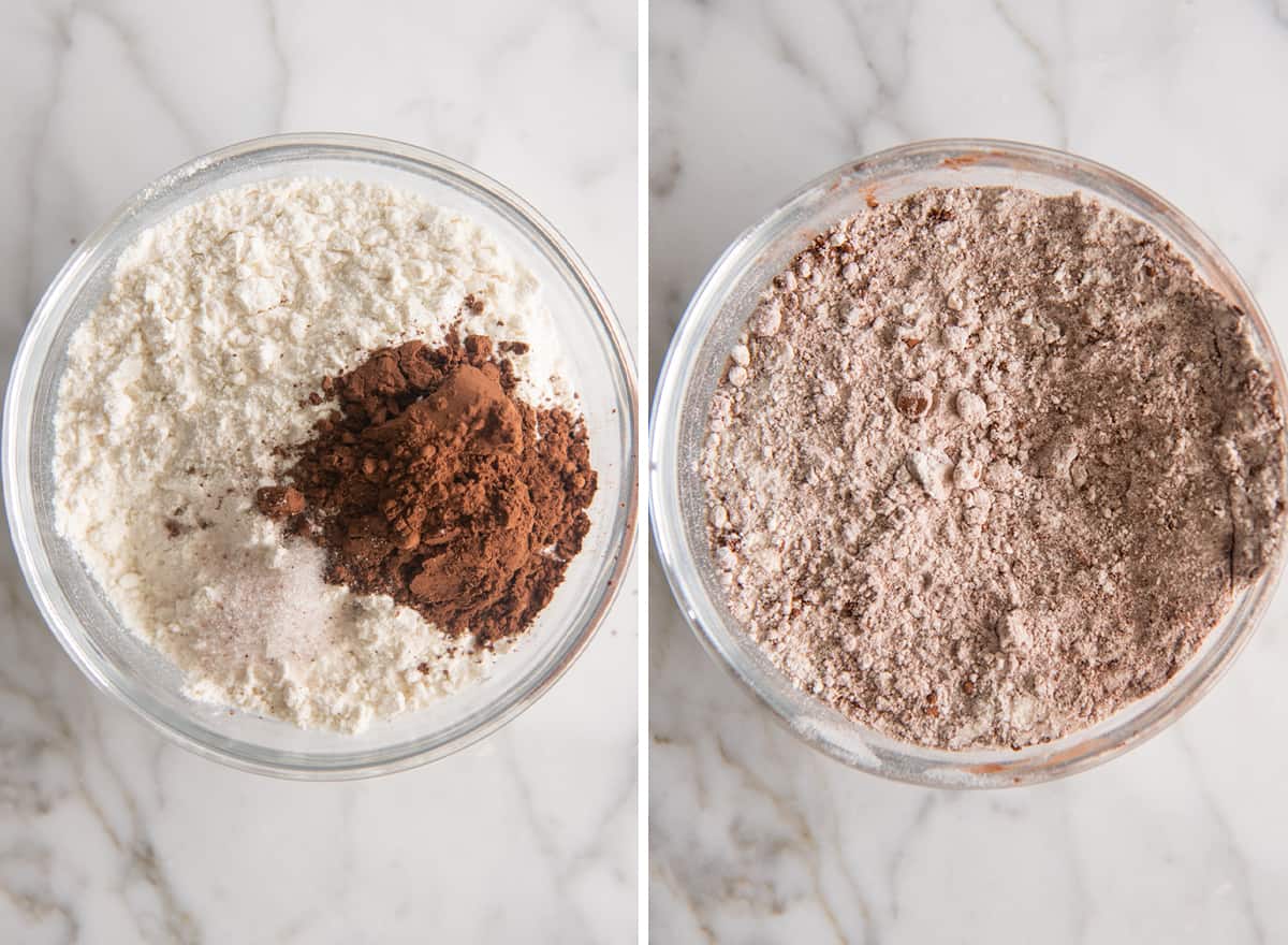 two photos showing How to Make Mini Egg Brownies - combining dry ingredients