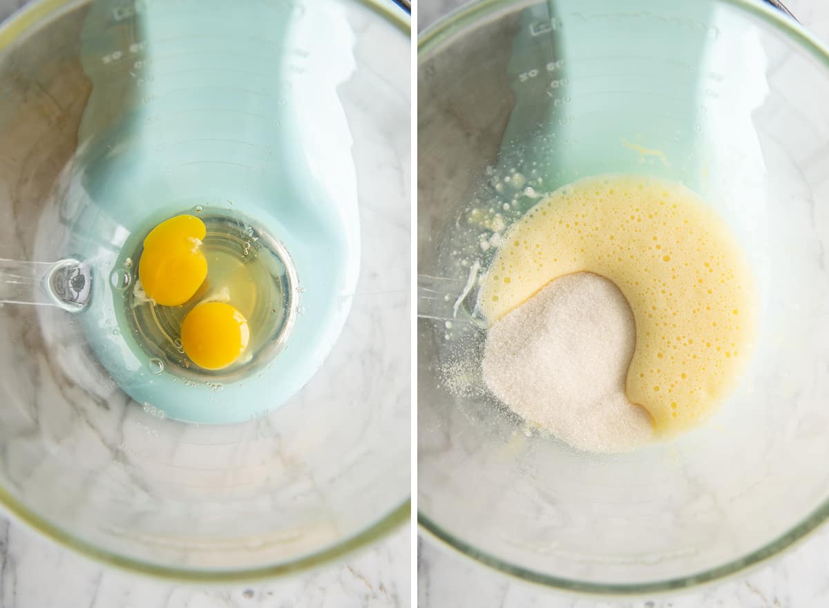 two photos showing How to Make Mini Egg Brownies in a standing mixer - beating eggs and sugar