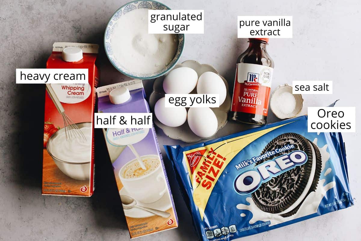 The best cookies and cream ice cream recipe! A creamy Oreo ice cream is loaded with crushed and chopped cookies for a big cookie flavor in every bite! overhead photo of the labeled ingredients in this Oreo ice cream recipe
