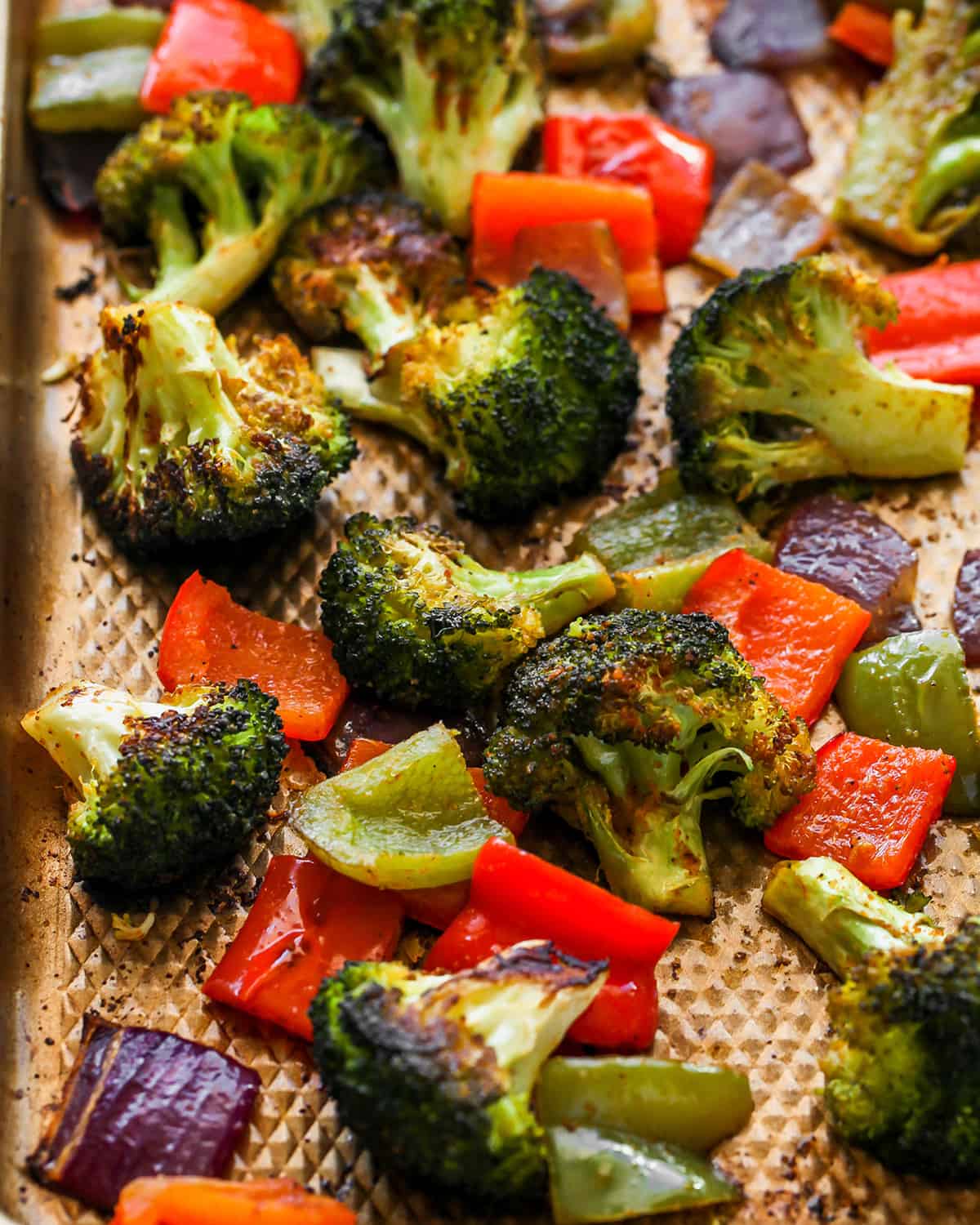 Oven Roasted Vegetables on a baking sheet after roasting