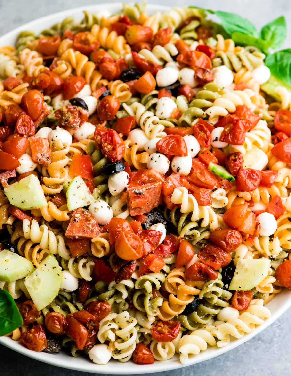 best pasta salad recipe in a white serving dish