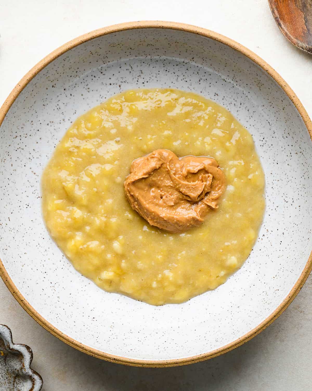 making Peanut Butter Banana Baked Oatmeal, banana and peanut butter before mixing