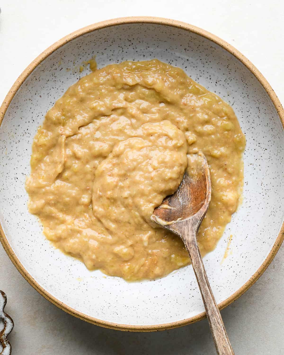 making Peanut Butter Banana Baked Oatmeal, banana and peanut butter after mixing