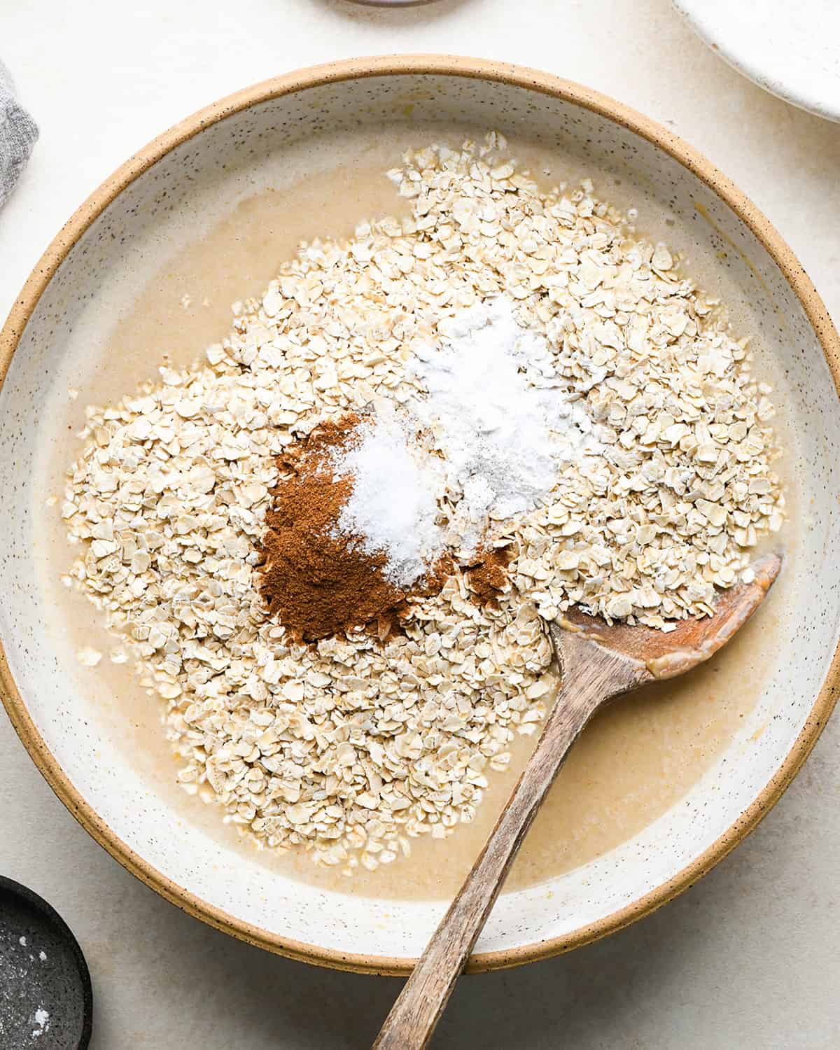 making peanut butter banana baked oatmeal, dry ingredients before mixing