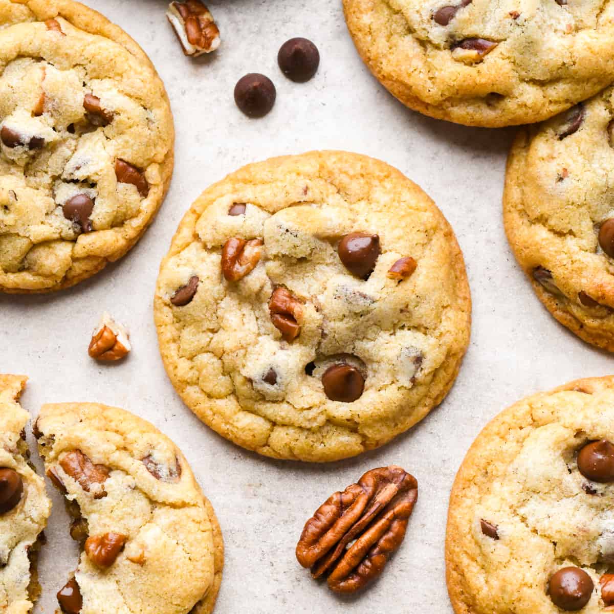overhead photo of 6 Chocolate Chip Pecan Cookies