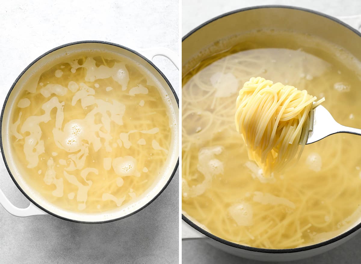 two photos showing cooking pasta for this Pesto Pasta Recipe