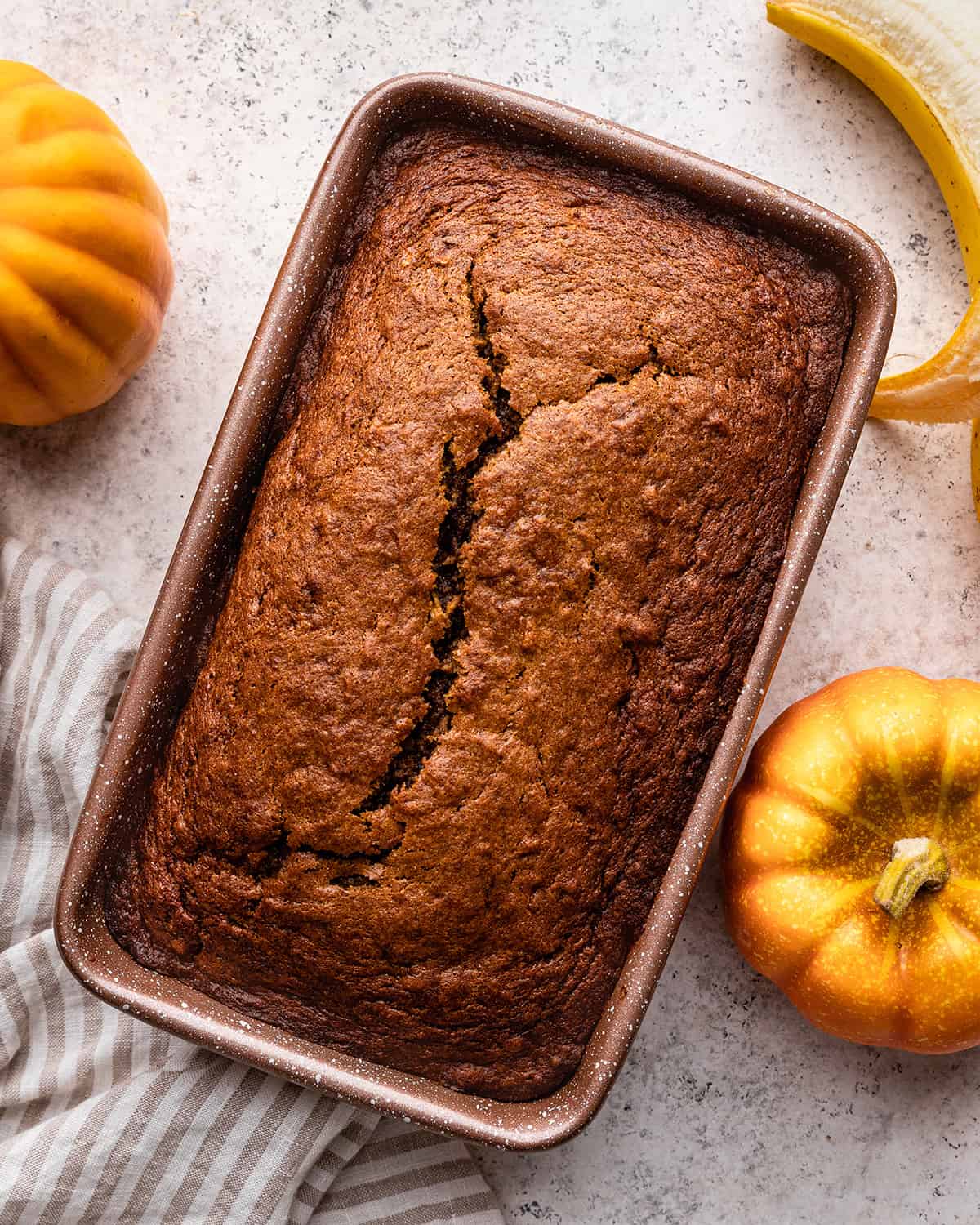 Pumpkin Banana Bread in a loaf pan after baking