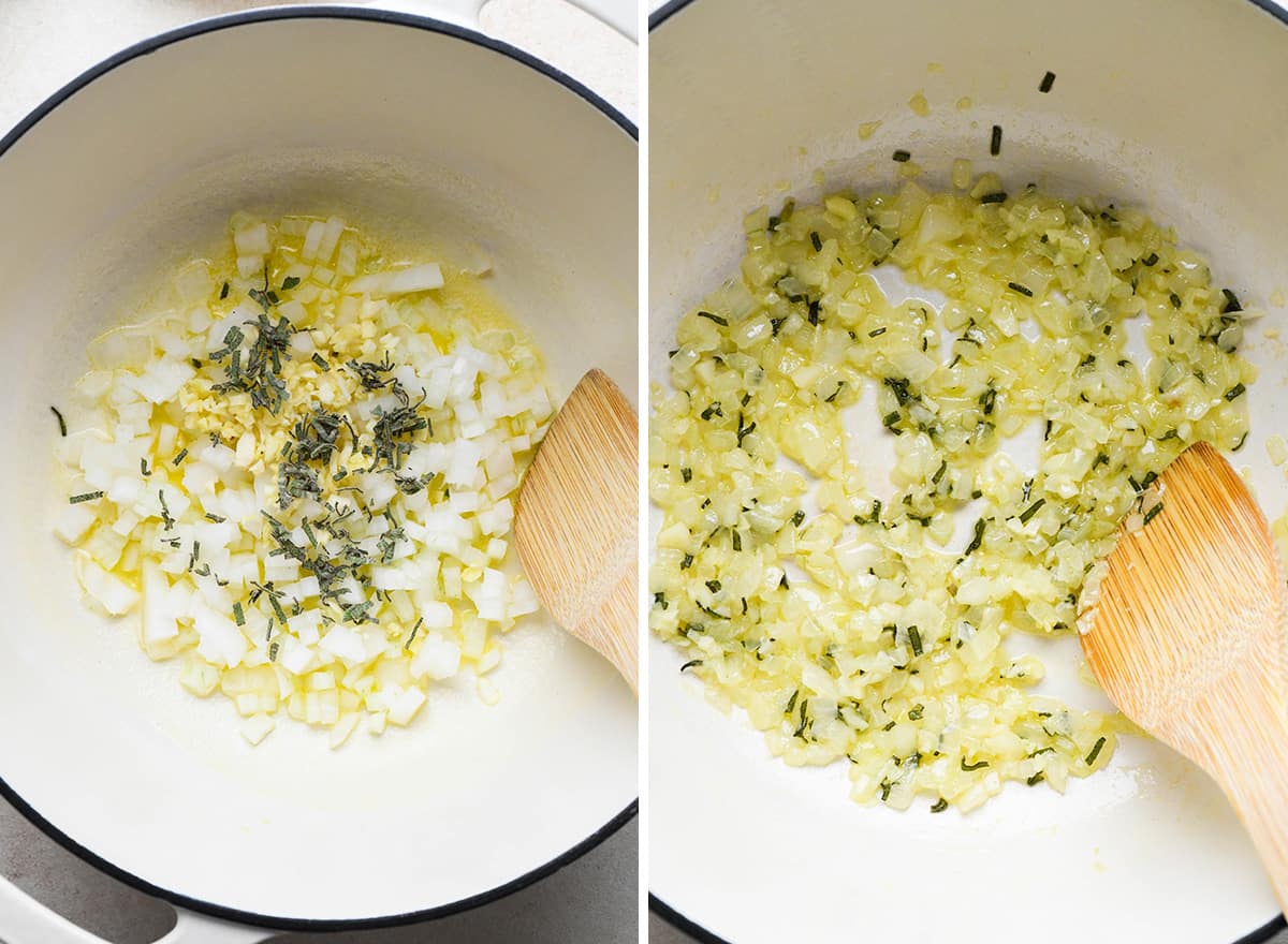two photos showing how to make pumpkin pasta sauce - cooking butter, garlic, onion, and sage.