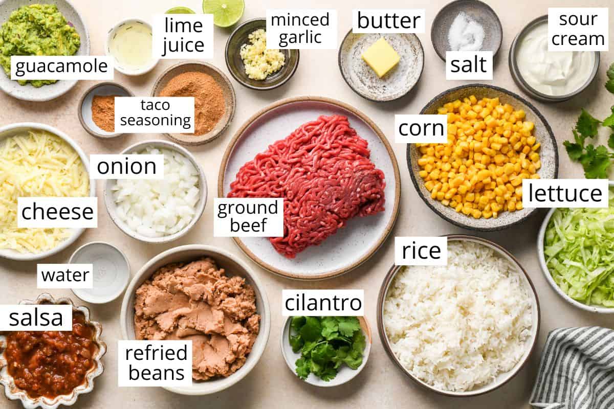 overhead photo of the labeled ingredients in this Taco Bowls recipe