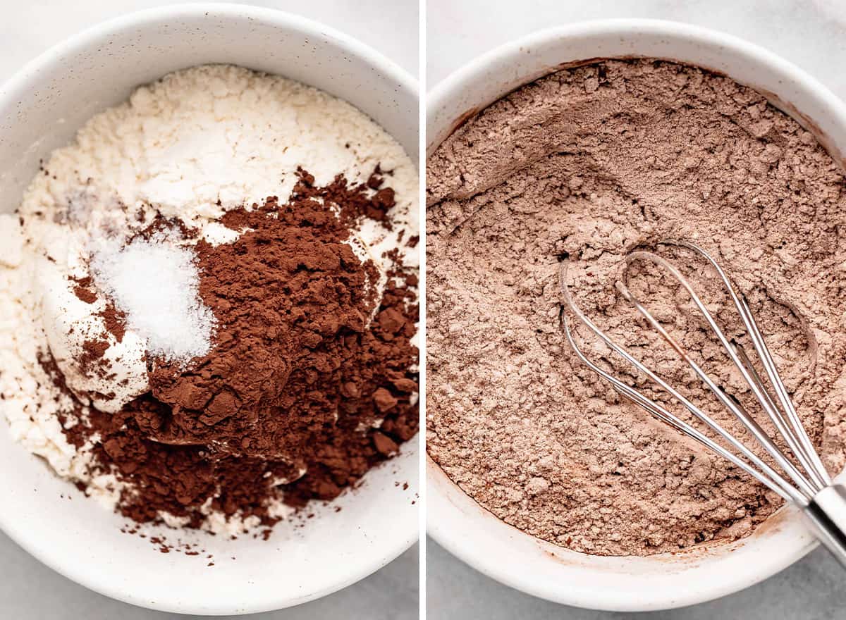 caramel brownie recipe - dry ingredients in a white bowl