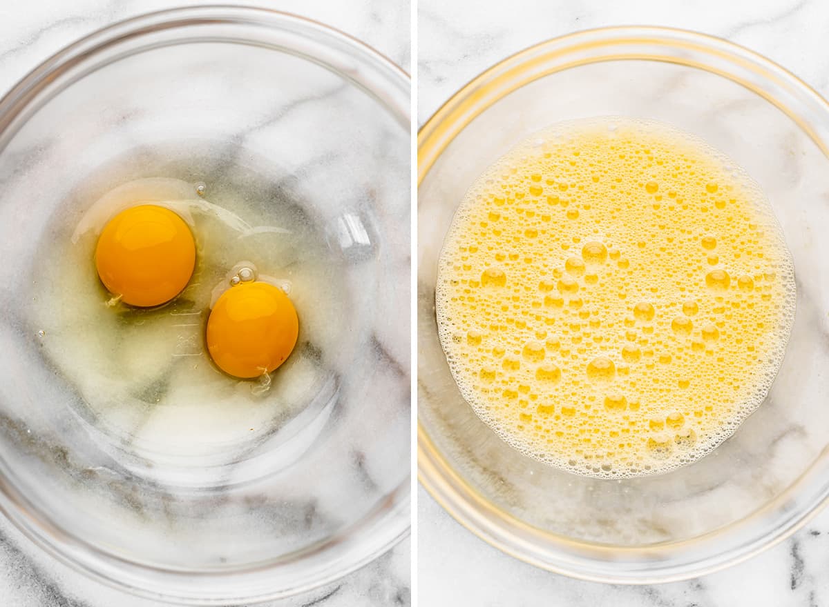 two photos showing how to make caramel brownies - beating eggs