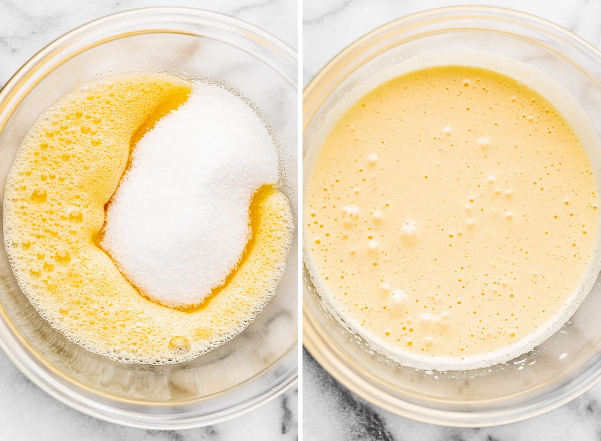 two photos showing how to make caramel brownies - beating eggs and sugar